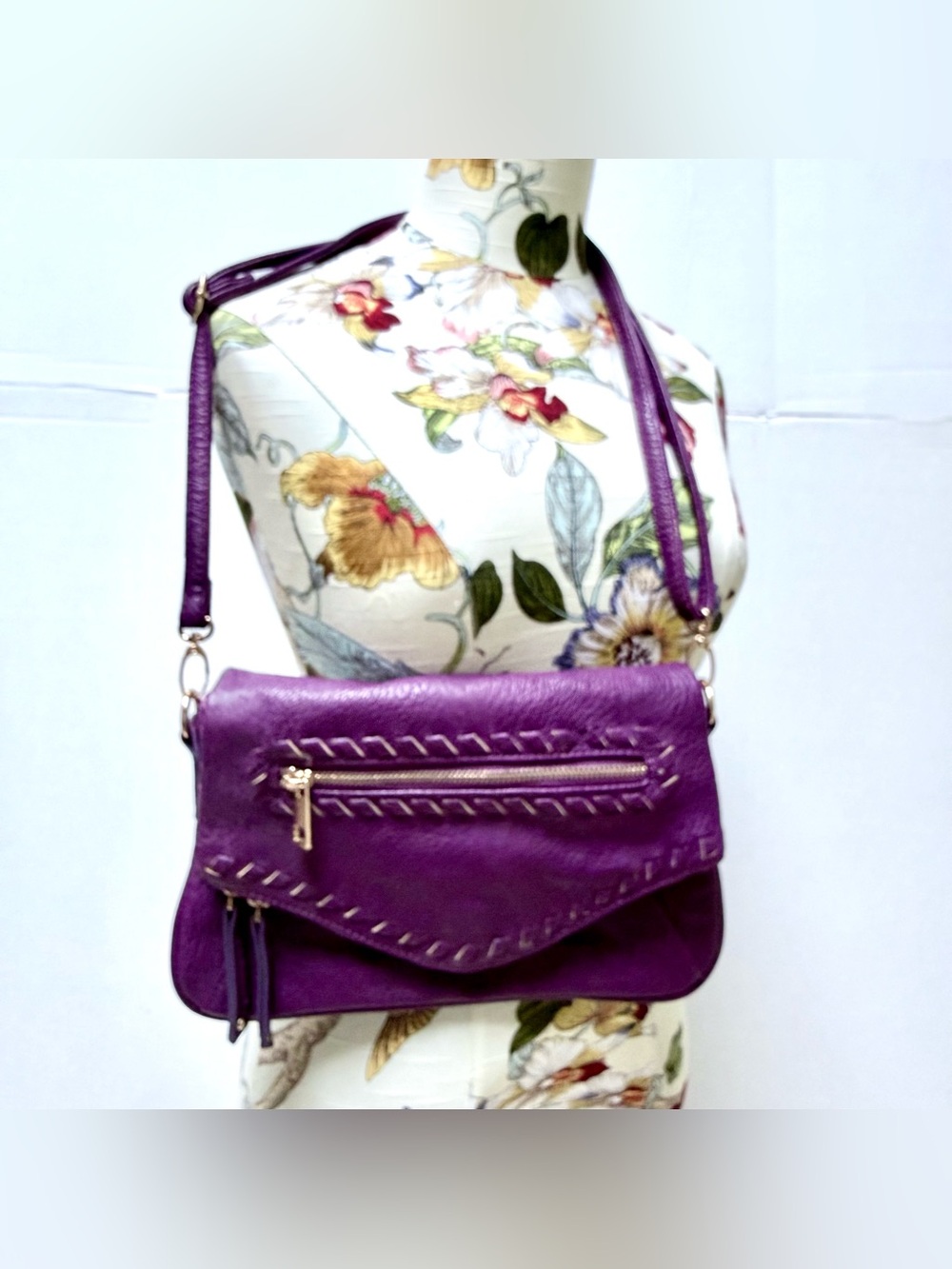 UNDER ONE SKY PURSE PURPLE VEGAN WESTERN CROSSBODY STITCH ZIP POCKETS FOLDOVER